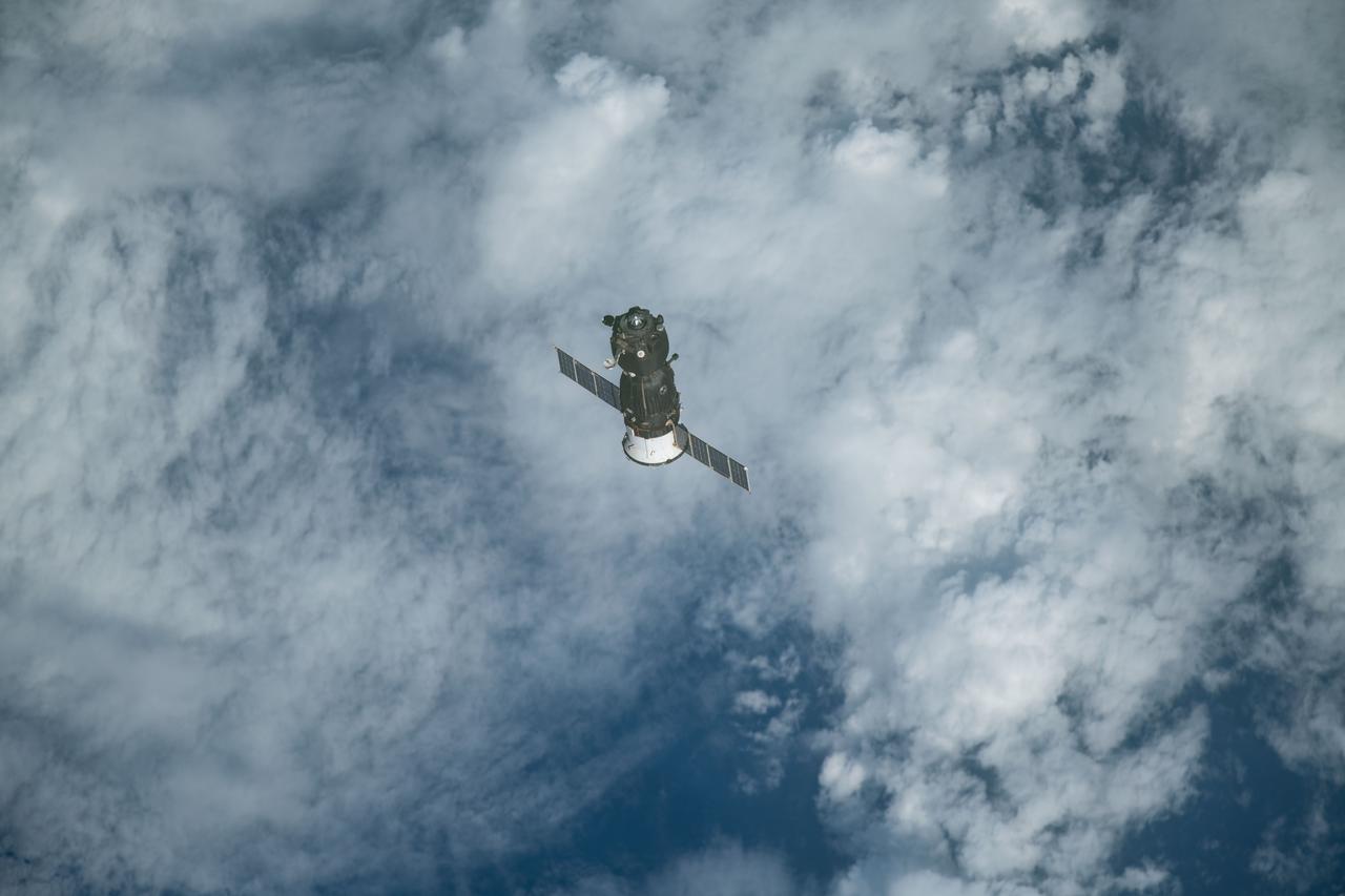 iss059e122506 (June 24, 2019) --- The Soyuz MS-11 crew craft separates from the International Space Station after its undocking and begins its descent to Earth. Expedition 59 crewmembers Oleg Kononenko of Roscosmos, Anne McClain of NASA and David Saint-Jacques of the Canadian Space Agency would parachute to a landing in Kazakhstan aboard the Soyuz after 204 days in space.