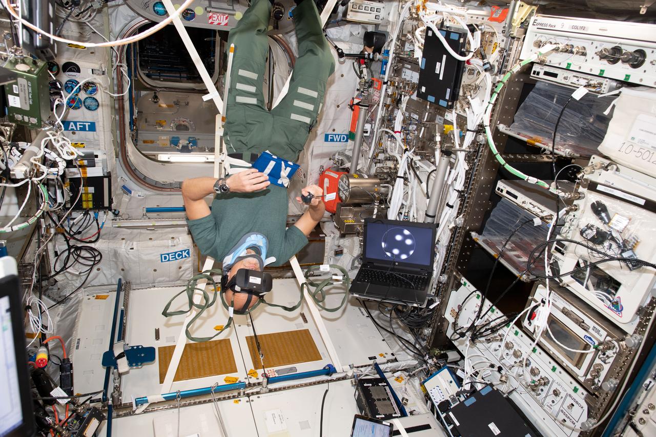 iss060e014613 (7/25/2019) --- European Space Agency (ESA) astronaut Luca Parmintano is shown in the Columbus module aboard the International Space Station (ISS) during the Vection experiment. The objective of The Effect of Long Duration Hypogravity on the Perception of Self-Motion (VECTION) study is to determine to what extent an astronaut's ability to visually interpret motion, orientation, and distance may be disrupted in a microgravity environment, and how it may adapt, and how it may be changed upon return to Earth. Multiple experimental time points inflight and upon return to Earth allows for the adaptation and recovery process to be investigated.