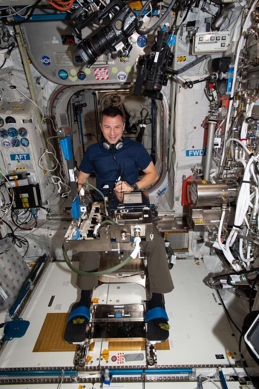 iss060e015011 (July 29, 2019) --- Expedition 60 Flight Engineer Andrew Morgan of NASA is in a seated configuration participating in the GRIP study. The experiment sponsored by the European Space Agency (ESA) observes how microgravity affects the abilities of astronauts to regulate grip force and upper limb trajectories when manipulating objects during a variety of movements. Morgan is conducting the scientific operations inside ESA's Columbus laboratory module.
