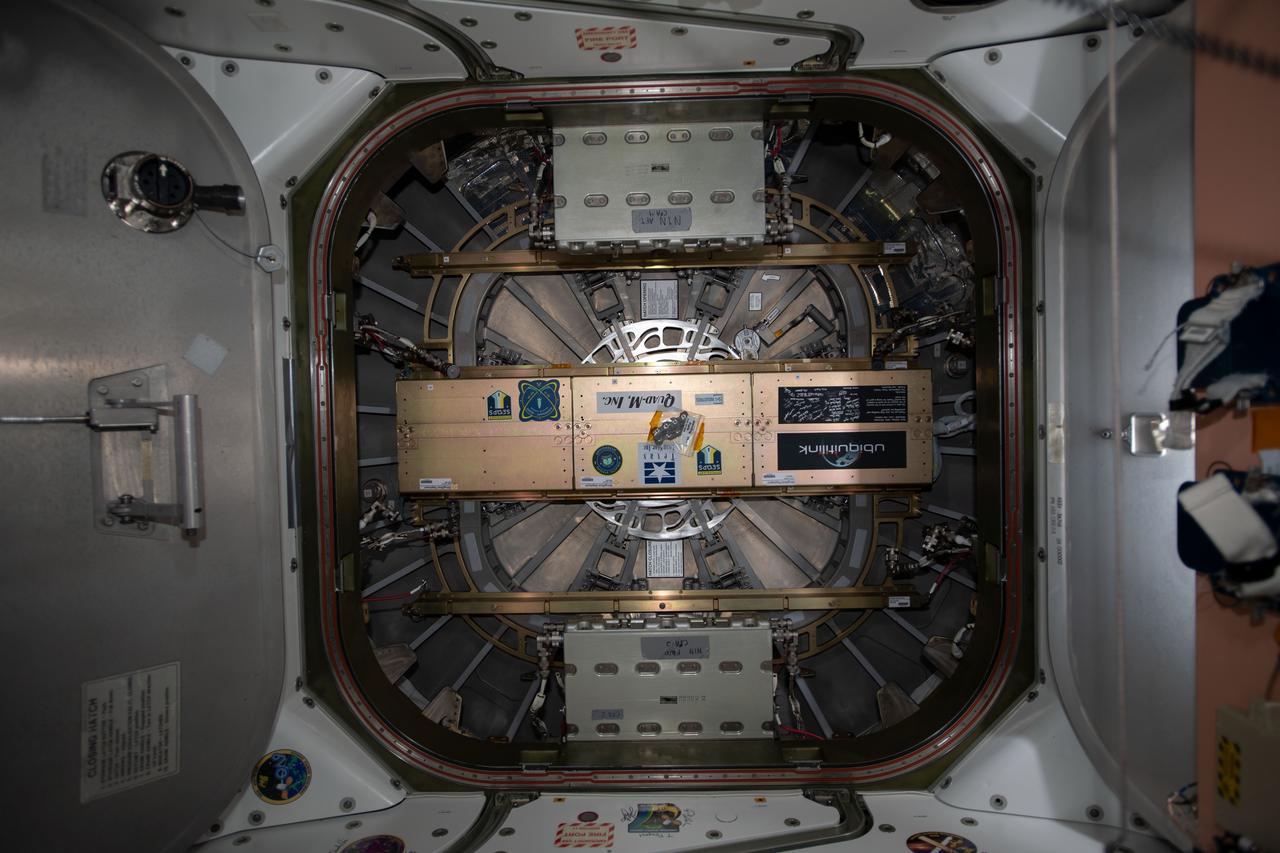 iss060e021430 (8/5/2019) --- Photo documentation of Slingshot mounted on the Passive Common Berthing Mechanism (PCBM) of the NG-11 Cygnus which is berthed to the International Space Station (ISS). SEOPS’ SlingShot is a small satellite deployment system that fits inside the Cygnus spacecraft’s Passive Common Berthing Mechanism (PCBM). SlingShot can accommodate up to 18 satellites that are deployed post Cygnus unberth.