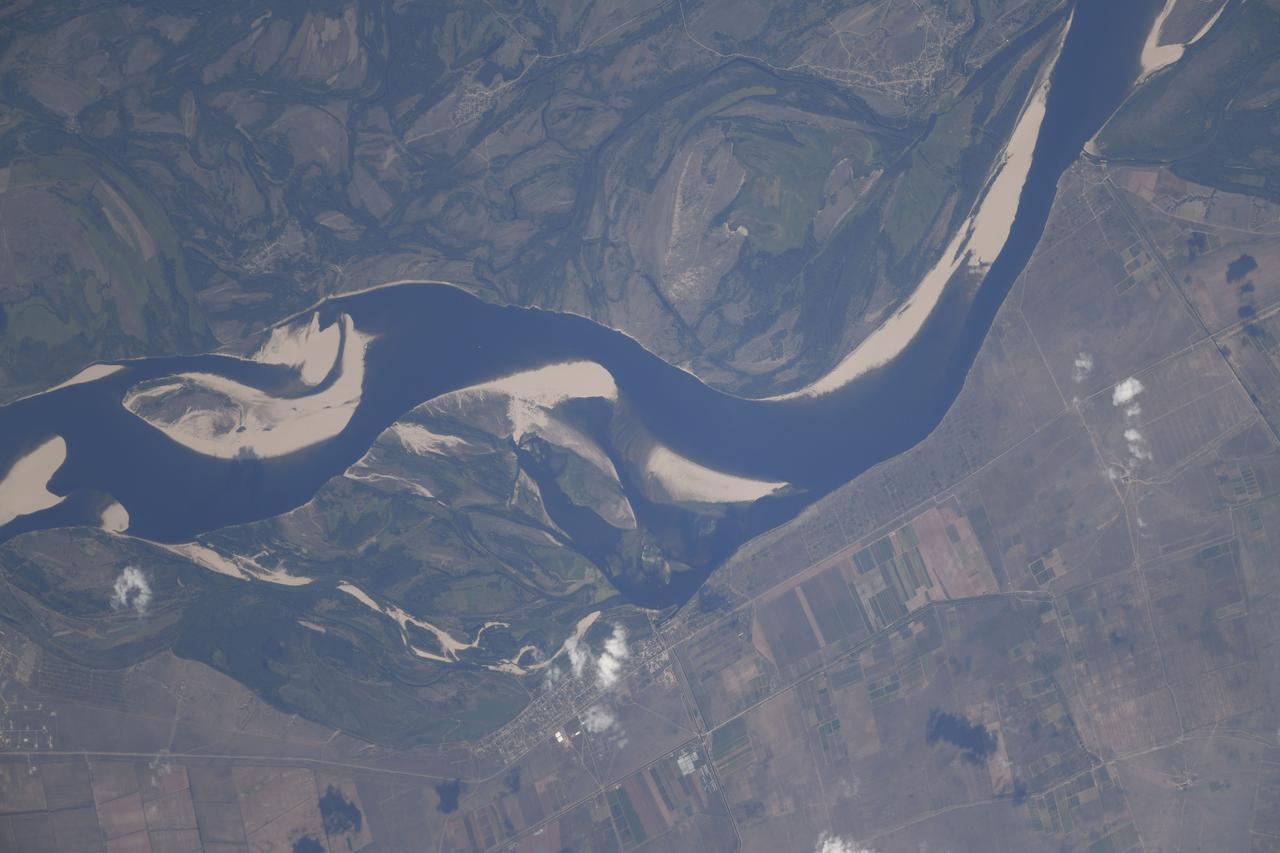 iss060e033304 (Aug. 8, 2019) --- A portion of the Volga River is pictured as the International Space Station orbited above Russia near the Caspian Sea. Credit: Roscosmos
