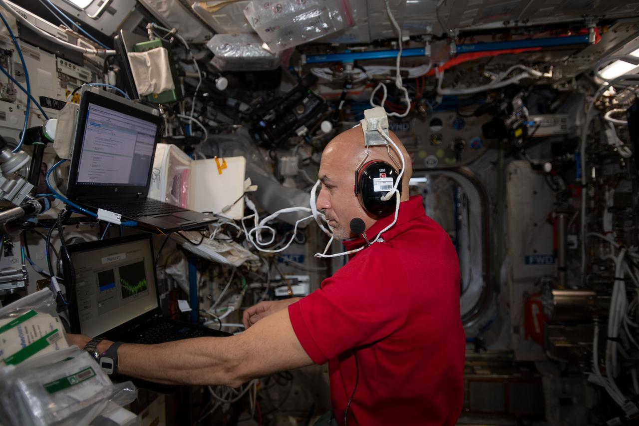 iss060e033640 (8/12/2019) --- iss060e033656 (Aug. 12, 2019) --- European Space Agency (ESA) astronaut Luca Parmitano participates in a hearing test aboard the International Space Station (ISS). The Acoustic Upgraded Diagnostics In-Orbit (Acoustic Diagnostics) investigation tests the hearing of ISS crew members before, during, and after flight. This study assesses the possible adverse effects of noise and the microgravity environment aboard the ISS on human hearing.