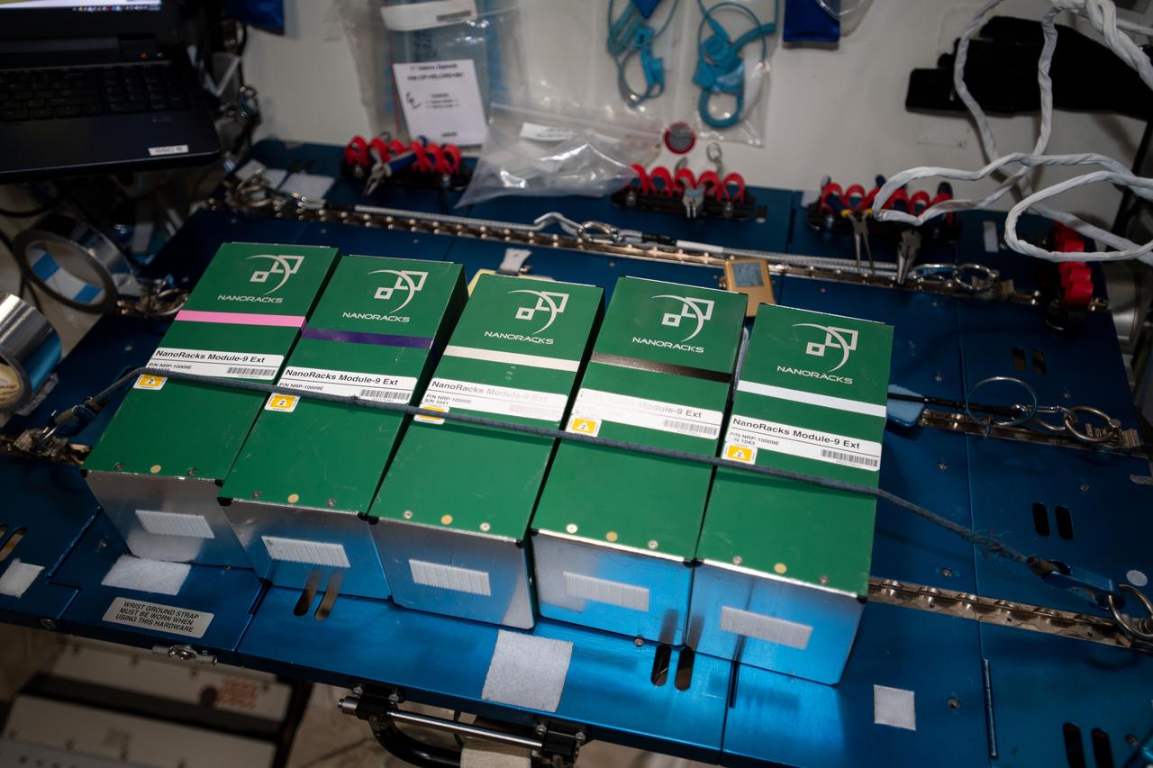 iss060e035405 (8/13/2019) --- A view the NanoRacks-NCESSE-Gemini NanoRacks-National Center for Earth and Space Science-Gemini (SSEP Mission 13) - Part of NanoRacks Module-9 Ext. aboard the International Space Station (ISS). The experiments range from examinations of water filtration and purification to synthetic soil production, rust formation, antibiotic effectiveness, growth and development of microacquatic organisms, and growth of plant, fungi, and bacteria. Each was chosen from more than 3,000 entries submitted by more than 23,000 U.S., Canadian, and Brazilian students. The experiments use NanoRacks MixStix, miniature laboratories activated by space station crew and eventually returned to the student teams on Earth for analysis.