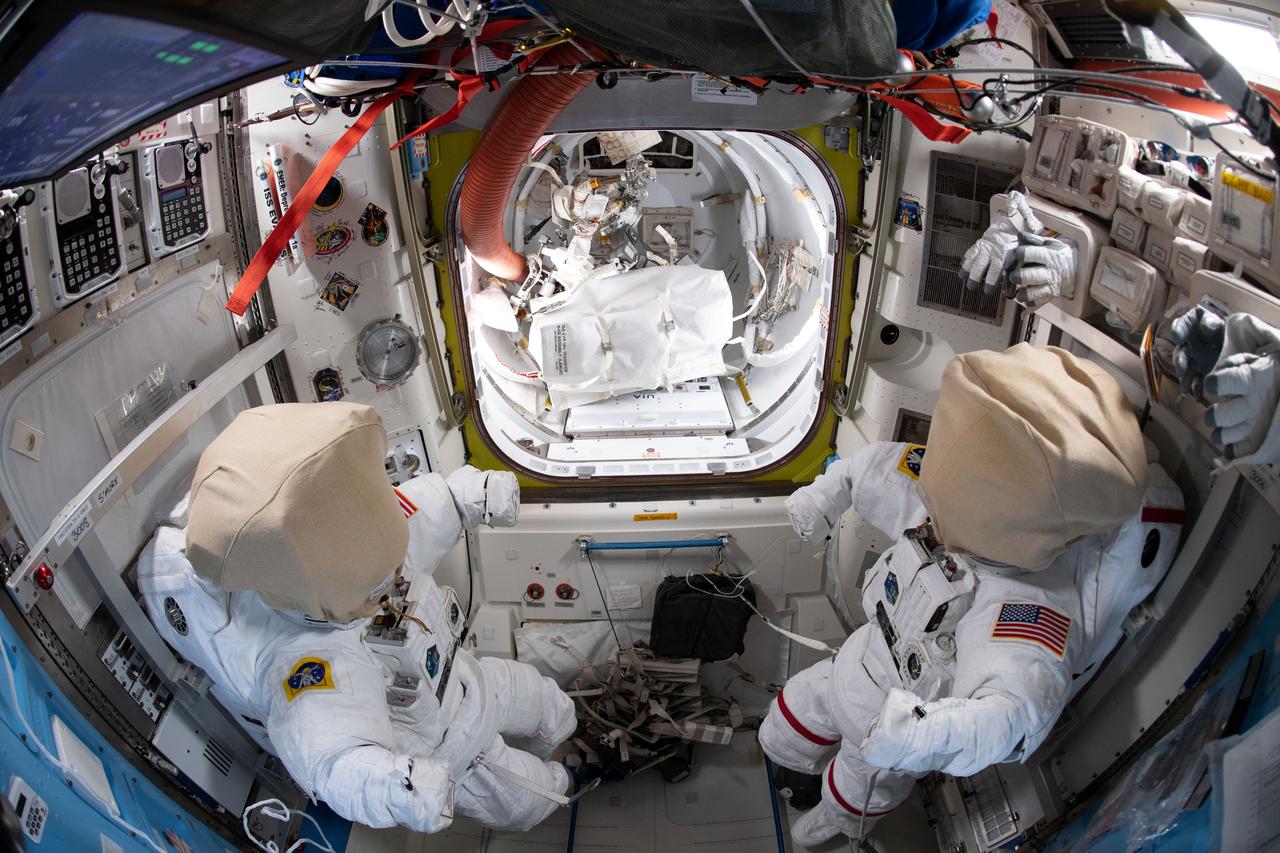 iss060e038558 (8/21/2019) --- A view of Extravehicular Mobility Units (EMUs) in the Quest Airlock (A/L) aboard the International Space Station (ISS). The Quest Airlock is a pressurized space station module consisting of two compartments attached end-to-end by a connecting bulkhead and hatch. The two compartments are the Equipment Lock which provides the systems for suit maintenance and refurbishment and the Crew Lock which provides the actual exit for performing spacewalks. The airlock is the primary path for spacewalk entry and departure for astronauts wearing U.S. spacesuits. Quest can also support the Russian Orlan spacesuit for spacewalks.