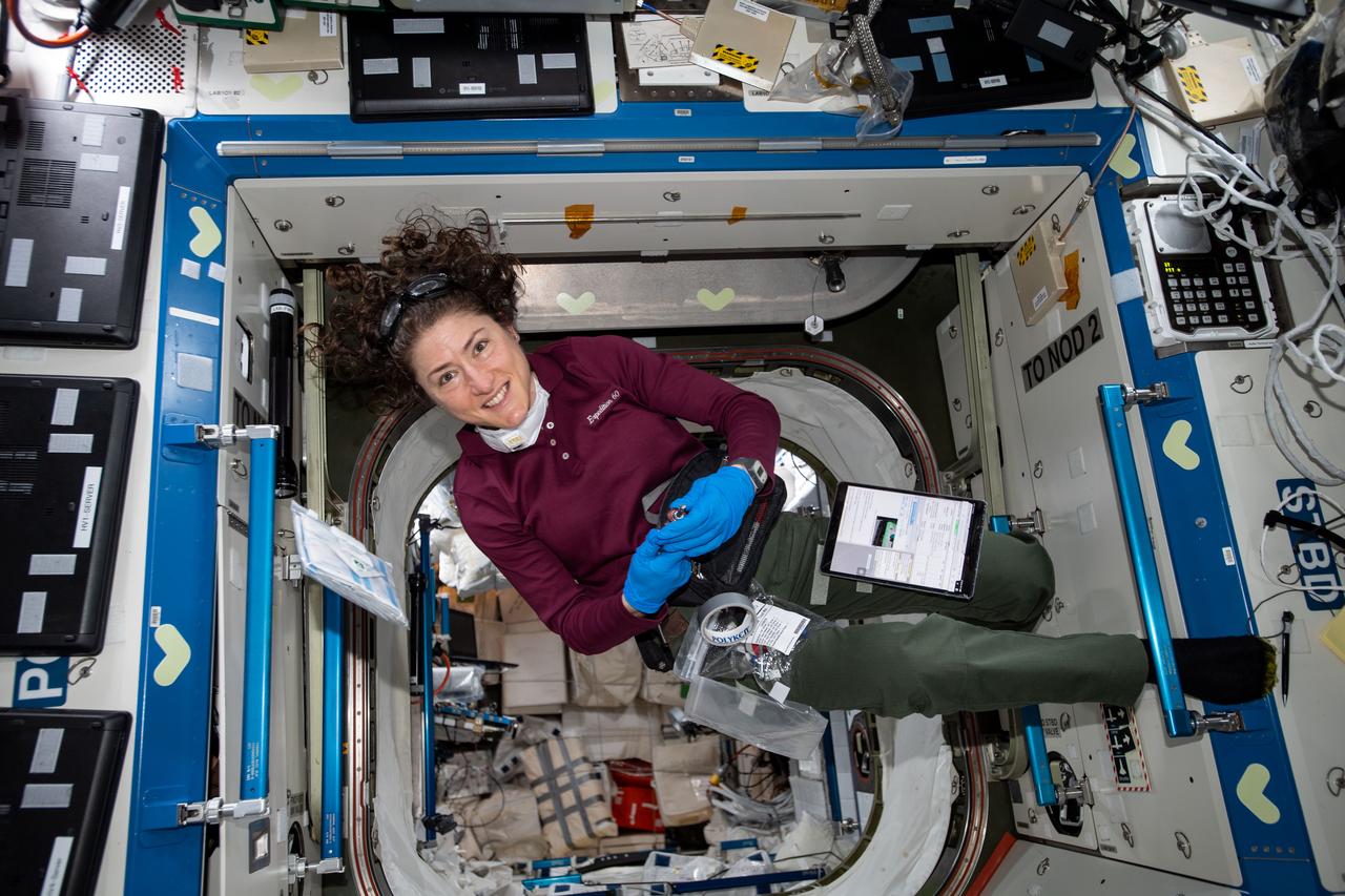 iss060e043912 (Aug. 23, 2019) --- Expedition 60 Flight Engineer Christina Koch of NASA conducts maintenance activities aboard the International Space Station.