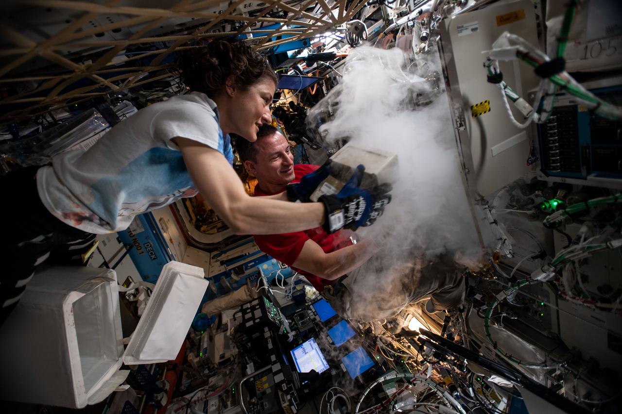 iss060e073348 (Sept. 18, 2019) --- NASA astronauts Christina Koch and Andrew Morgan stow biological research samples into a science freezer located inside the U.S. Destiny laboratory module.