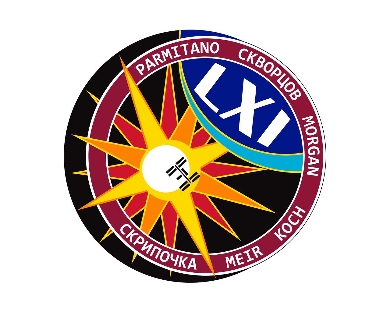 iss061-s-001 (April 23, 2019) --- The mission insignia for the Expedition 61 crew with Commander Luca Parmitano of ESA (European Space Agency), NASA astronauts Drew Morgan, Christina Koch and Jessica Meir and Roscosmos cosmonauts Alexander Skvortsov and Oleg Skripochka.