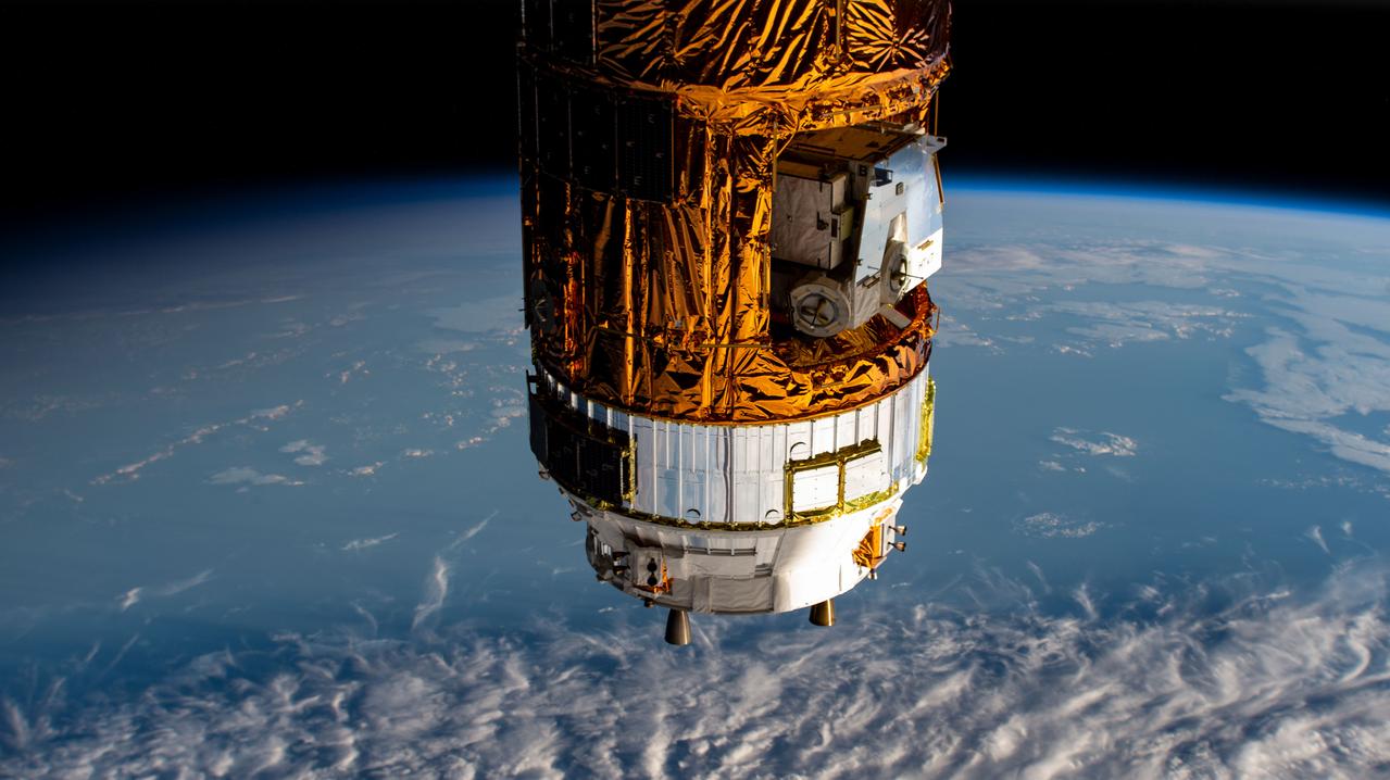 iss061e000047 (Oct. 3, 2019) --- The Kounotori H-II Transfer Vehicle 8 (HTV-8) from the Japan Aerospace Exploration Agency is pictured attached to the International Space Station's Harmony module (out of frame).
