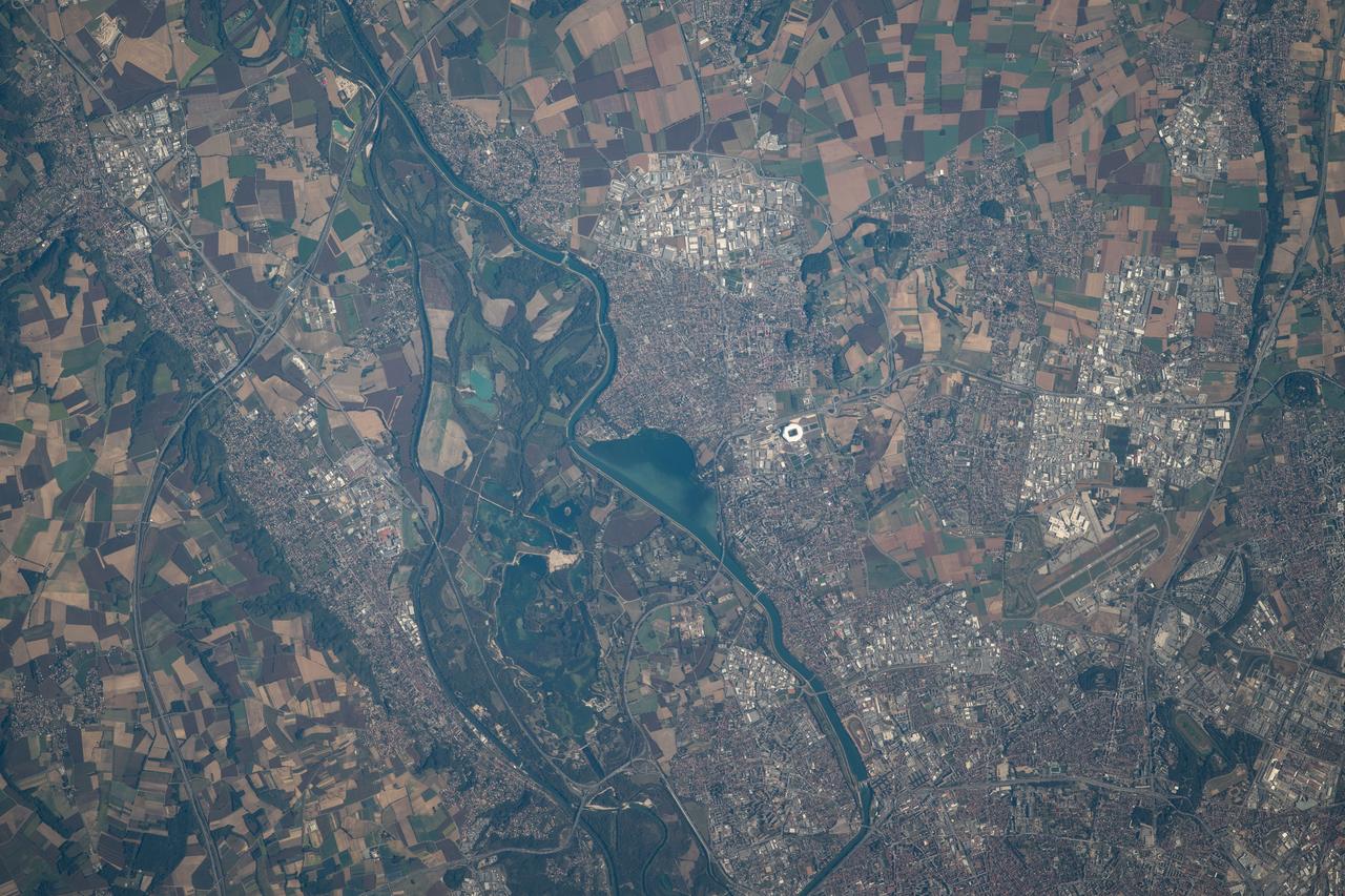 iss061e004461 (Oct. 8, 2019) --- The Rhône river, Réservoir du Grande-Large and the Groupama Stadium are pictured just east of the French city of Lyon as the International Space Station orbited 253 miles above the European nation.