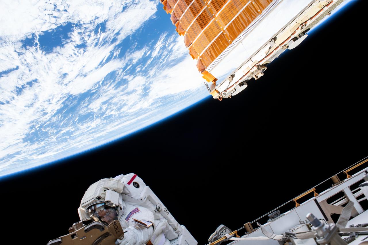 iss061e005514 (Oct. 11, 2019) --- With the Earth 250 miles below him, NASA astronaut Andrew Morgan works on the Port 6 truss segment of the International Space Station to replace older hydrogen-nickel batteries with newer, more powerful lithium-ion batteries. Fellow NASA astronaut Christina Koch (out of frame) assisted Morgan during the six-hour and 45-minute spacewalk.