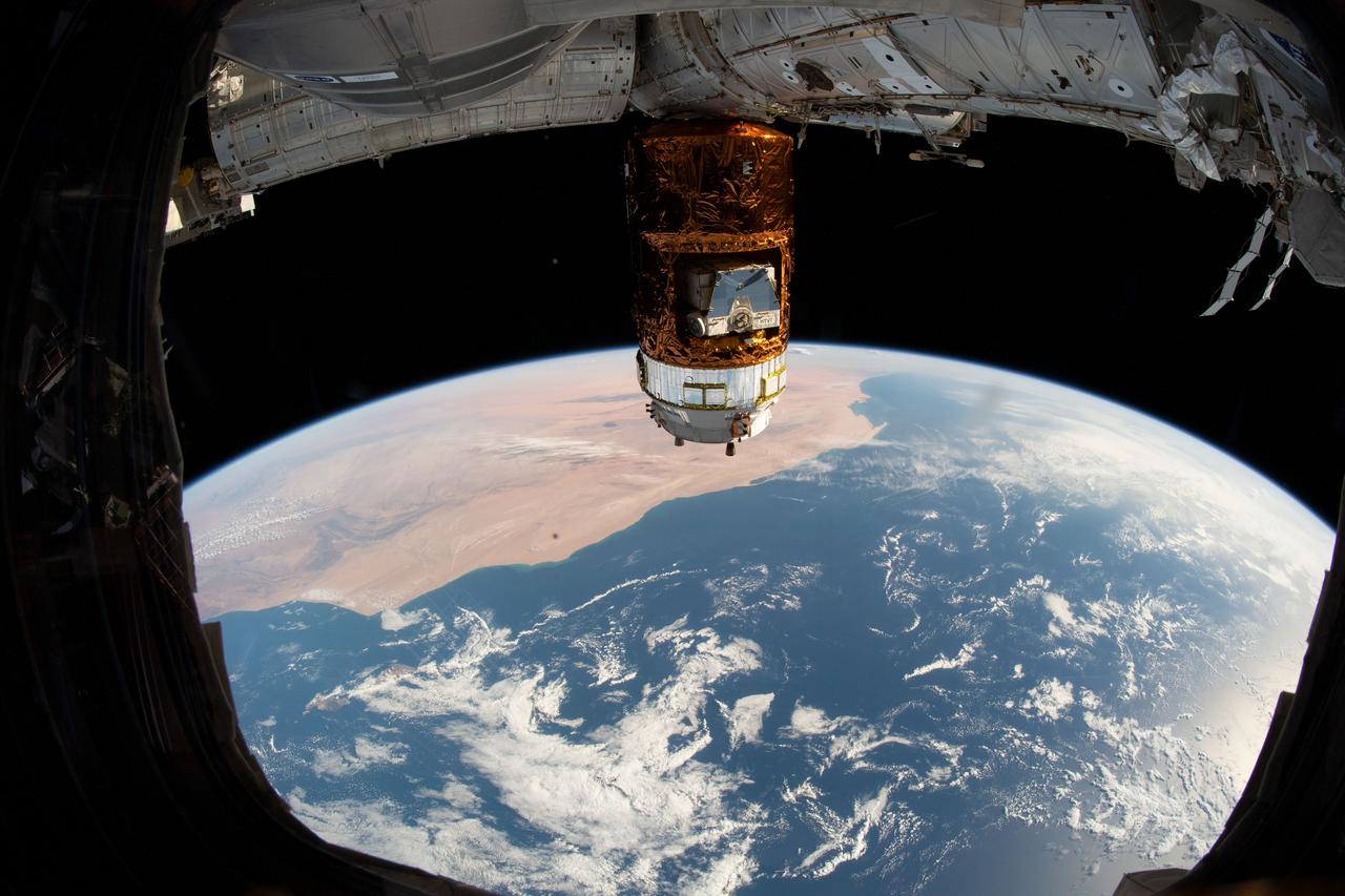 iss061e012184 (Oct. 20, 2019) --- Japan's H-II Transfer Vehicle-8 (HTV-8) highlights this image as the International Space Station orbited 253 miles above the Atlantic Ocean. This view from the orbiting complex looks across Morocco and Western Sahara.
