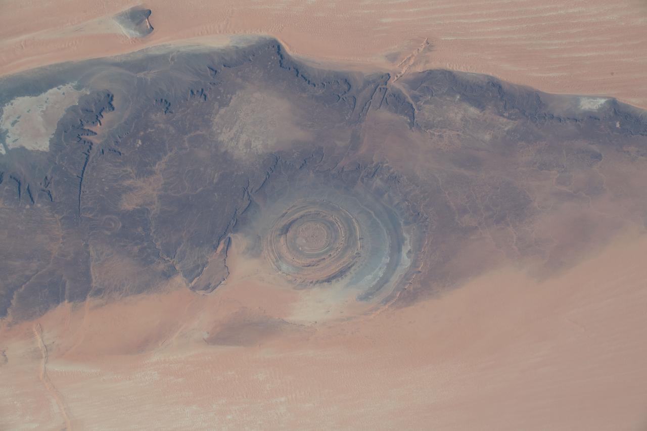 iss061e012458 (Oct. 20, 2019) --- Known as the “Eye of the Sahara," the Richat Structure in northwestern Mauritania is a circular geologic feature thought to be caused by an uplifted dome—geologists would classify it as a domed anticline—that has been eroded to expose the originally flat rock layers.