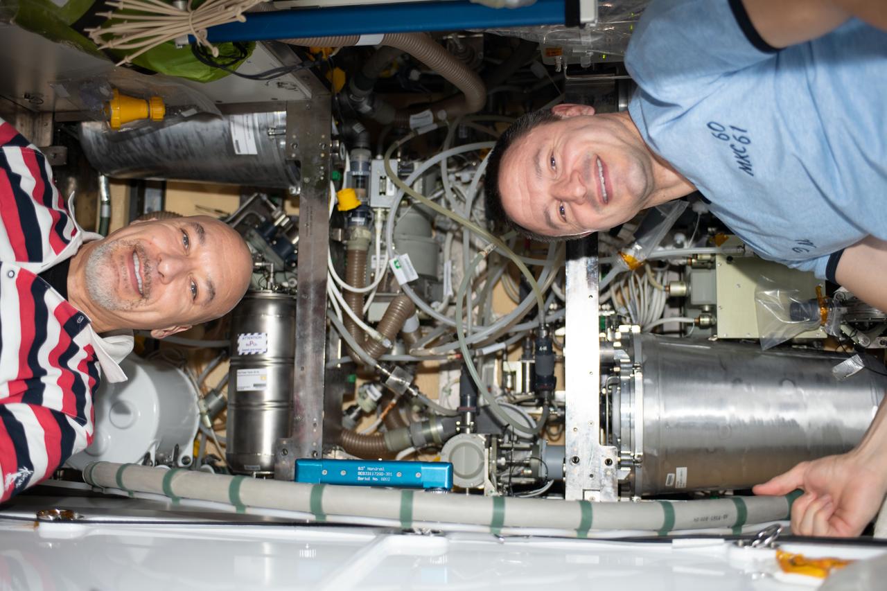 iss061e014102 (Oct. 25, 2019) --- From left, Expedition 61 Commander Luca Parmitano of ESA (European Space Agency) and NASA Flight Engineer Andrew Morgan are pictured replacing components inside the International Space Station's bathroom, the Waste and Hygiene Compartment.