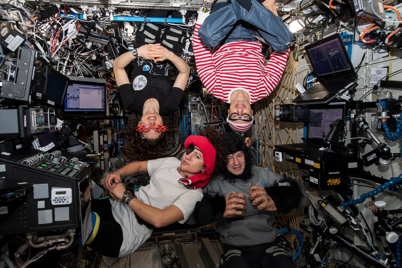 iss061e025918 (Oct. 31, 2019) --- Expedition 61 astronauts (clockwise from top left) Christina Koch, Luca Parmitano, Andrew Morgan and Jessica Meir pose for a portrait in their Halloween costumes aboard the International Space Station.