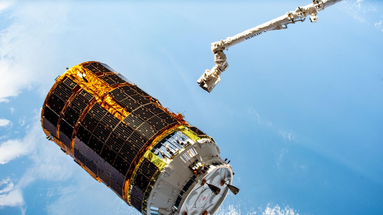 iss061e026343 (Nov. 1, 2019) --- Japan's H-II Transfer Vehicle-8 (HTV-8) is pictured moments after being released from the grips of the Canadarm2 robotic arm after completing a 34-day cargo mission attached to the International Space Station's Harmony module.