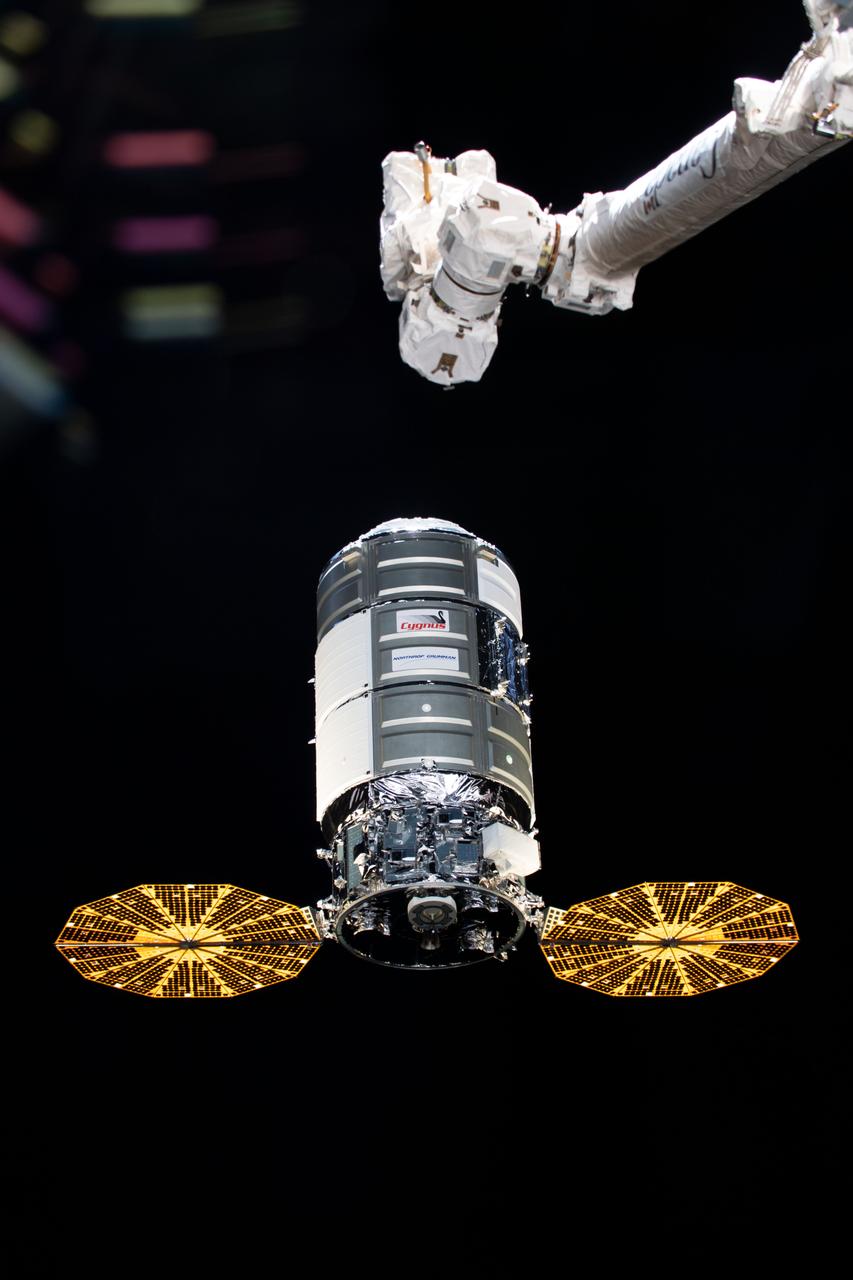 iss061e027734 (Nov. 4, 2019) --- The U.S. Cygnus space freighter approaches the International Space Station carrying over four tons of science experiments, crew supplies and station hardware. The Canadarm2 robotic arm, guided by NASA astronaut Jessica Meir with fellow Flight Engineer Christina Koch as her back up, is poised to capture the 12th resupply ship from Northrop Grumman.