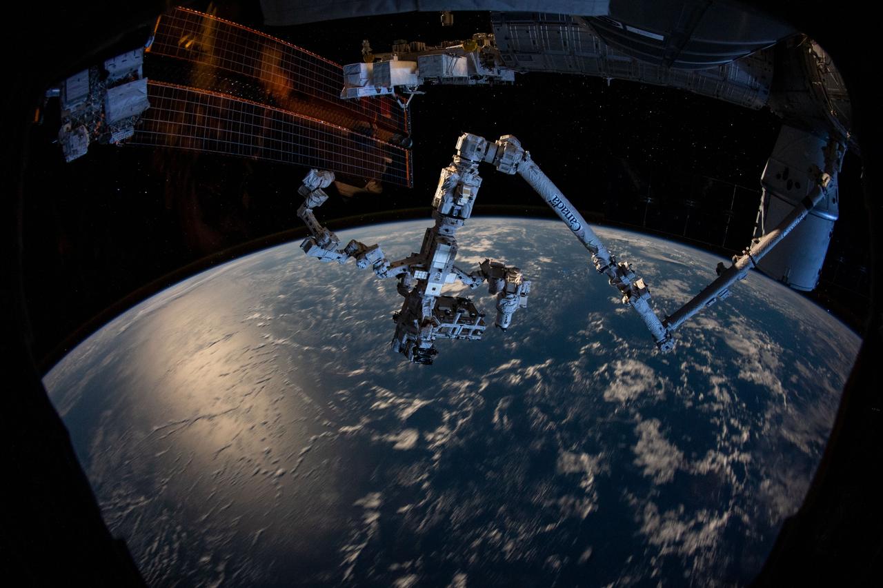 iss061e077393 (Dec. 12, 2019) --- The Canadarm2 robotic arm with the Dextre robotic hand attached seemingly protrudes from the side of the International Space Station as the orbiting complex soared 263 miles above the South Pacific Ocean.