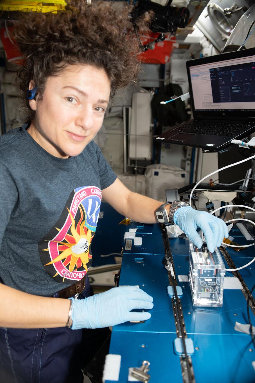 iss061e096628 (Dec. 26, 2019) --- NASA astronaut and Expedition 61 Flight Engineer Jessica Meir prepares DNA samples for sequencing for the Genes in Space-6 experiment. The study explores how cells repair DNA damaged by space radiation to help learn how to protect astronauts on the space station and future missions beyond low-Earth orbit.