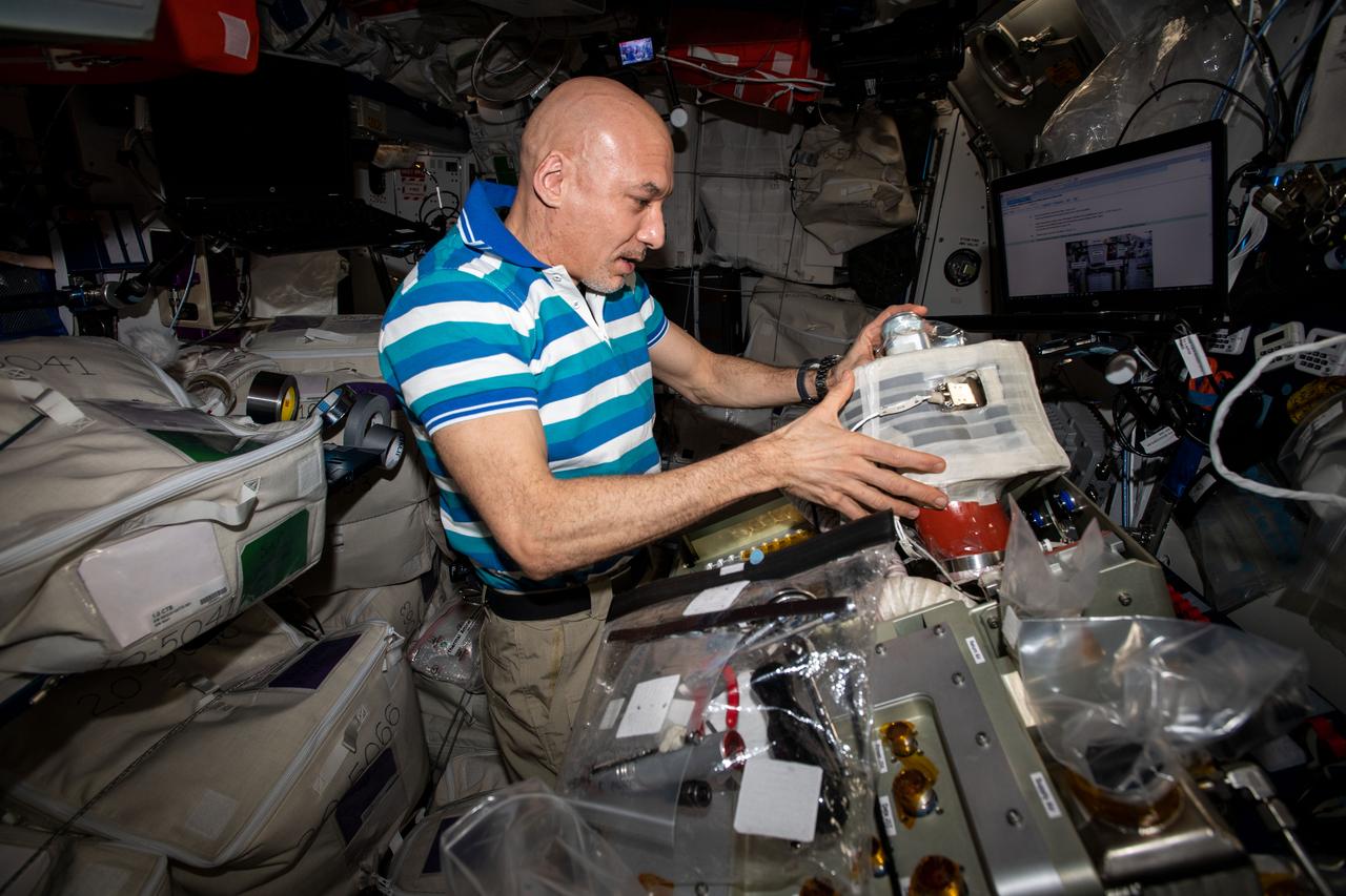 iss061e111401 (Dec. 31, 2019) --- Commander Luca Parmitano of ESA (European Space Agency) installs new components in a life support system that removes carbon dioxide from the station’s atmosphere.