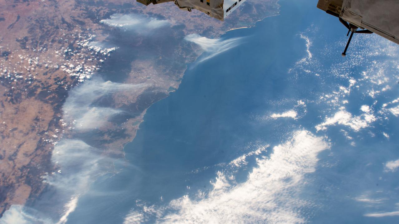 iss061e113753 (Jan. 3, 2020) --- Wildfires are pictured surrounding Sydney, Australia as the International Space Station orbited 269 miles above the Tasman Sea.