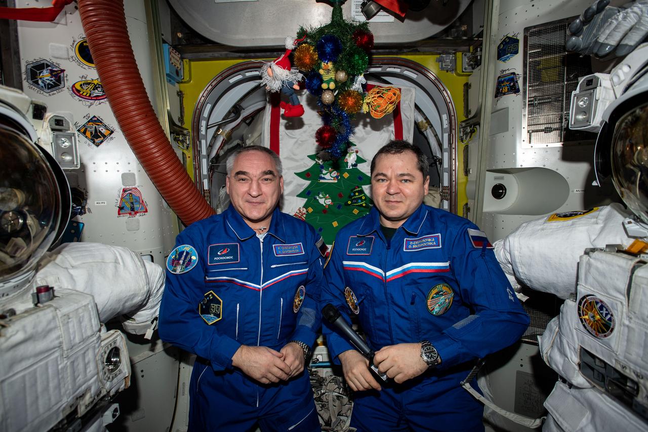 iss061e120584 (Jan. 7, 2020) --- Cosmonauts (from left) Alexander Skvortsov and Oleg Skripochka pose for a portrait during a televised conference with Russian religious leaders during the Orthodox Christian celebration of the Nativity of Christ.