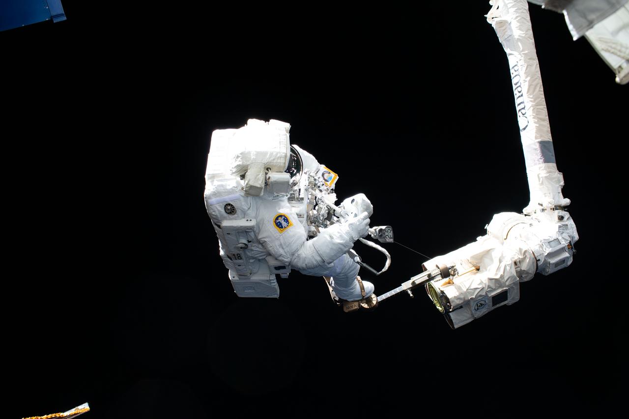 iss061e143112 (Jan. 25, 2020) --- ESA (European Space Agency) astronaut Luca Parmitano is pictured attached to the Canadarm2 robotic arm while finalizing thermal repairs on the Alpha Magnetic Spectrometer, a dark matter and antimatter detector, during a spacewalk that lasted 6 hours and 16 minutes.
