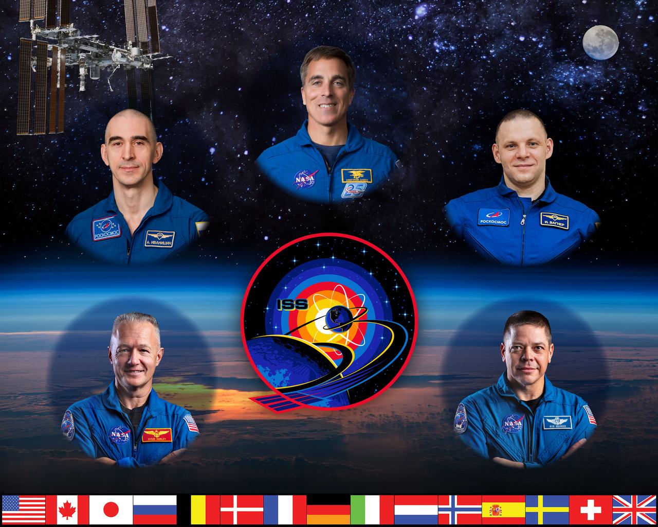 iss063-s-002a (Nov. 12, 2019) --- The official Expedition 63 crew portrait with (clockwise from bottom left) Doug Hurley of NASA, Anatoly Ivanishin of Roscosmos, Chris Cassidy of NASA, Ivan Vagner of Roscosmos and Bob Behnken of NASA.