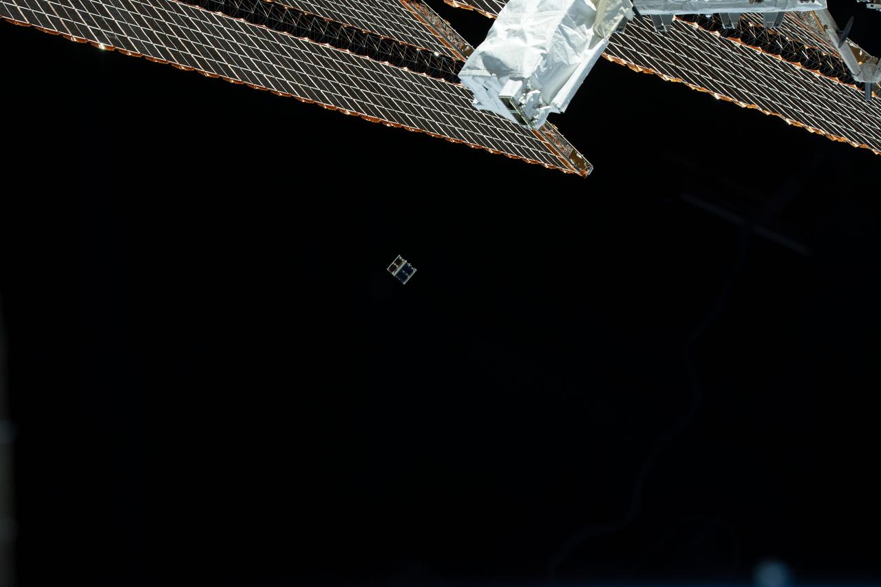 iss063e003541 (4/28/2020) --- The Quetzal-1 CubeSat is seen as it deploys from the JEM Small Satellite Orbital Deployer aboard the International Space Station. Quetzal-1 is Guatemala’s first satellite. It was developed in-house at Universidad del Valle de Guatemala (UVG) and tests a multispectral remote sensor prototype composed of a camera, a piezoelectric motor, and a filter carousel designed to acquire images at different wavelengths.