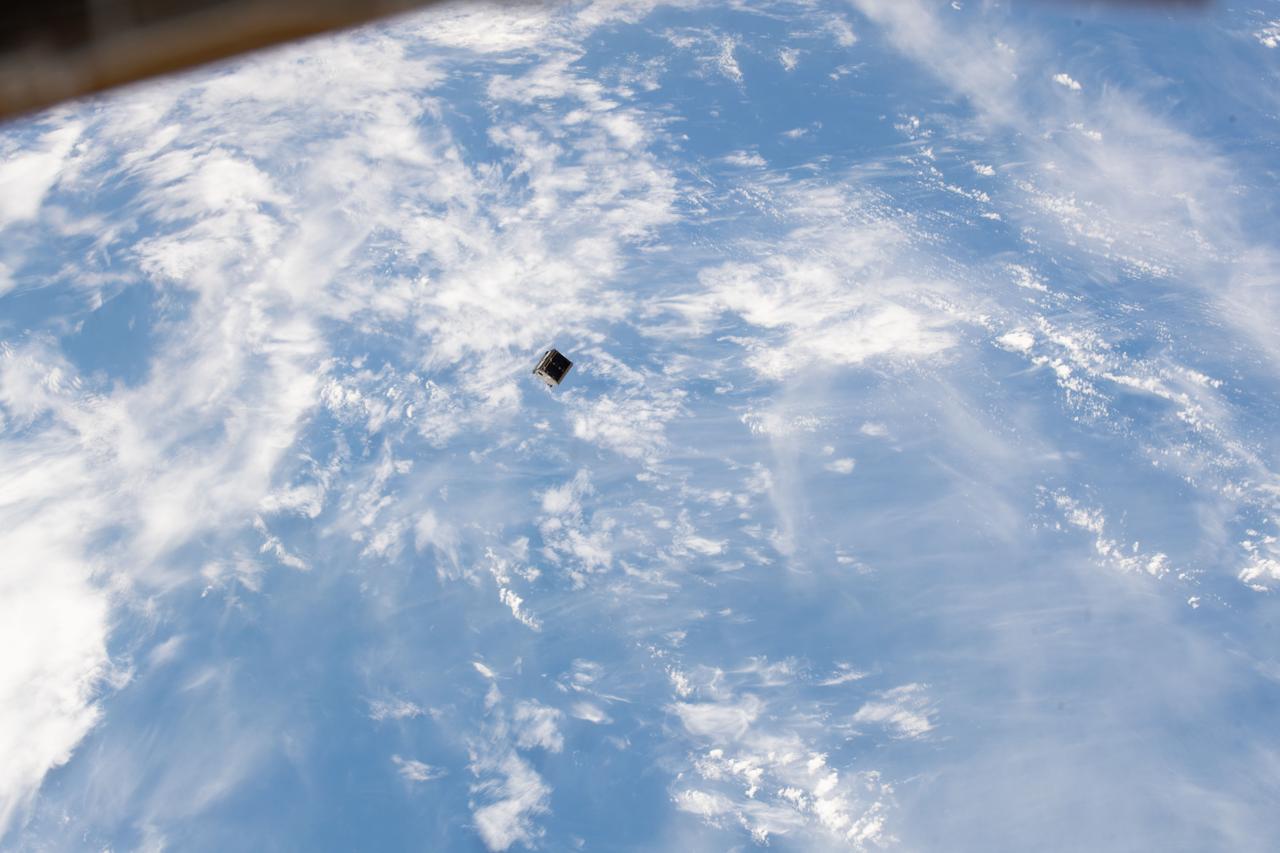 iss063e003547 (4/28/2020) --- The Quetzal-1 CubeSat is seen as it deploys from the JEM Small Satellite Orbital Deployer aboard the International Space Station. Quetzal-1 is Guatemala’s first satellite. It was developed in-house at Universidad del Valle de Guatemala (UVG) and tests a multispectral remote sensor prototype composed of a camera, a piezoelectric motor, and a filter carousel designed to acquire images at different wavelengths.