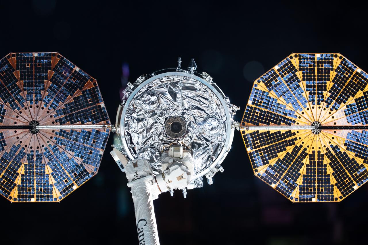 iss063e010616 (May 11, 2020) --- The Cygnus space freighter from Northrop Grumman, with its prominent cymbal-shaped UltraFlex solar arrays, is pictured in the grips of the Canadarm2 robotic arm moments before its release ending its 83-day stay at the International Space Station.