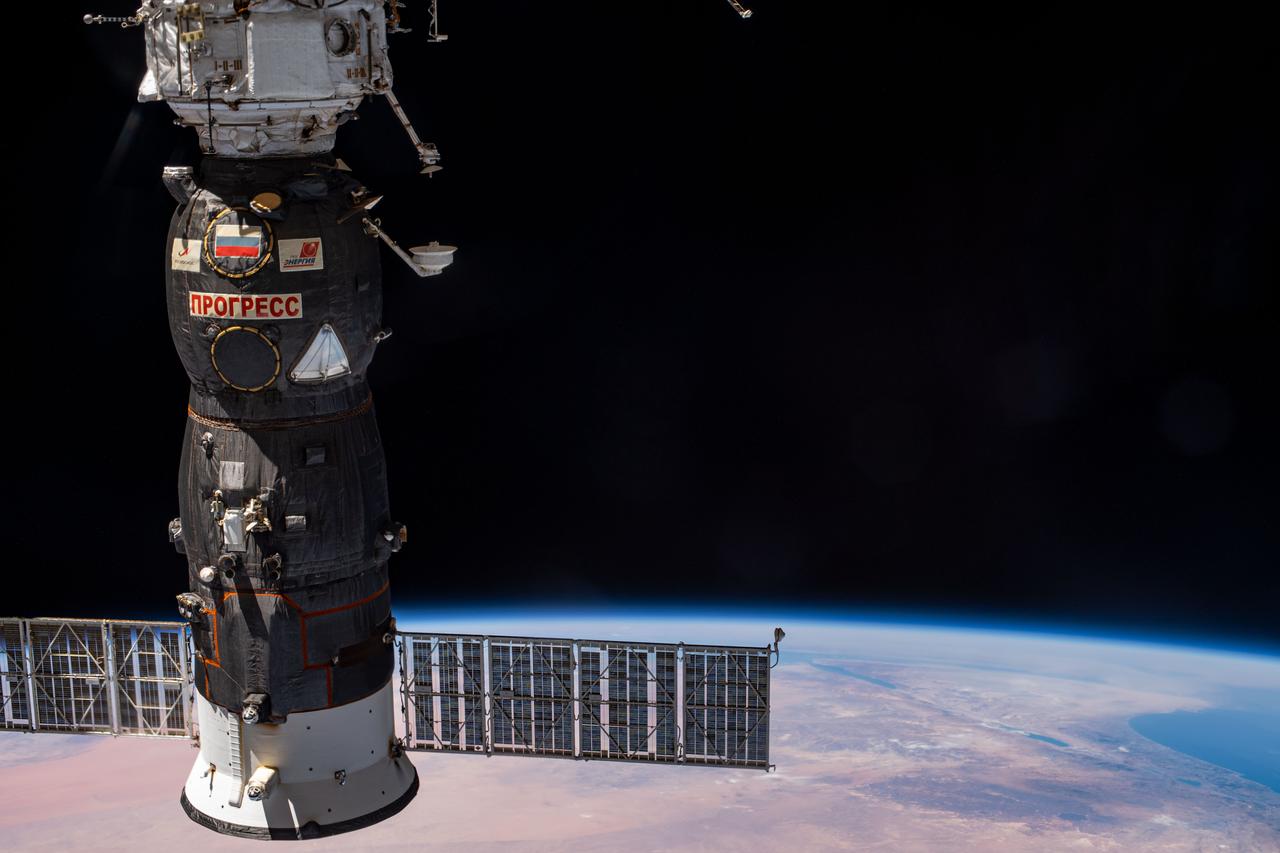 iss063e025865 (June 10, 2020) --- Russia's Progress 74 cargo craft is pictured docked to the International Space Station's Pirs docking compartment as the orbital complex was orbiting over northern Iraq.