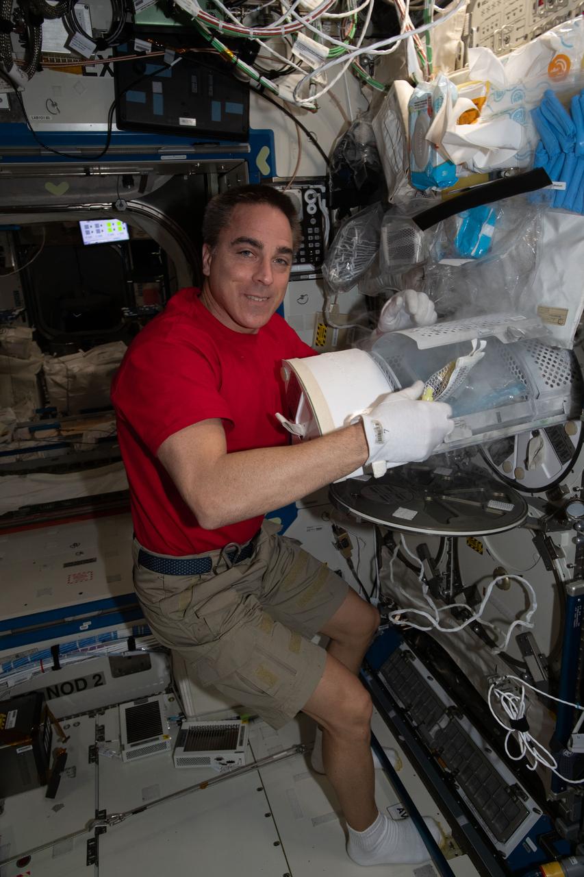 iss063e027945 (June 16, 2020) --- NASA astronaut and Expedition 63 Commander Chris Cassidy prepares to stow biological samples for preservation inside a science freezer also known as MELFI, or Minus Eighty-Degree Laboratory Freezer for International Space Station, for later analysis.