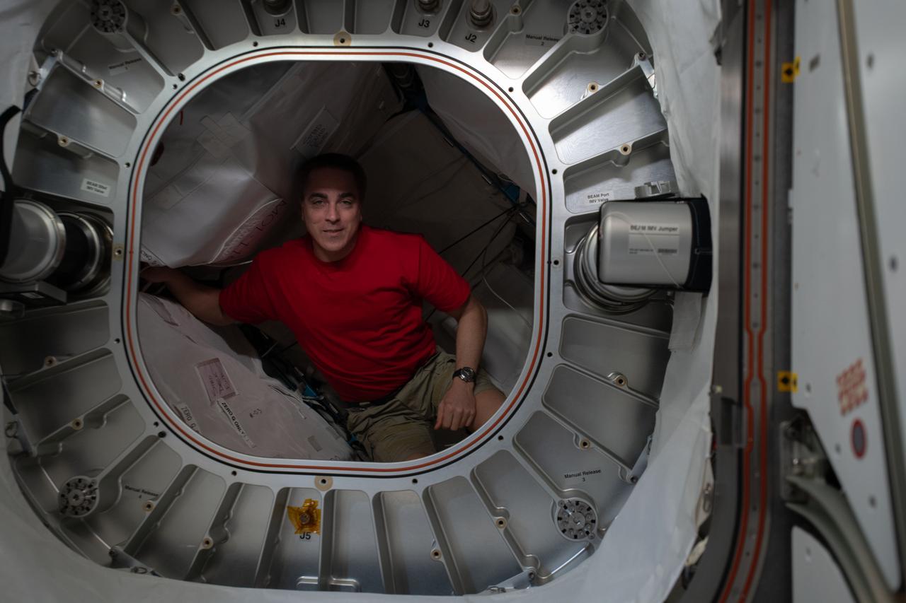 iss063e028479 (July 1, 2020) --- NASA astronaut and Expedition 63 Commander Chris Cassidy is pictured inside the Bigelow Expandable Activity Module (BEAM) during operations to retrieve charcoal filters.