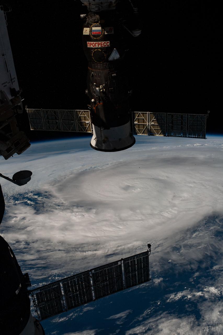 iss064e002219 (Oct. 28, 2020) --- Hurricane Zeta was pictured from the International Space Station as the category two storm churned in the Gulf of Mexico nearing Louisiana. In the upper foreground, is Russia's Progress 76 resupply ship docked to the Pirs docking compartment.