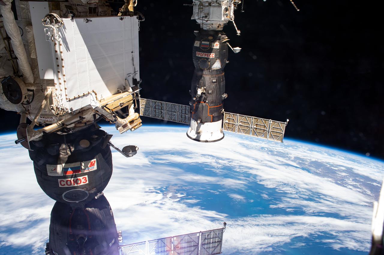 iss064e005529 (Nov. 23, 2020) --- A pair of docked Russian spaceships, (from left) the Soyuz MS-17 crew ship and the Progress 76 cargo craft, are pictured as the International Space Station orbited above the South Atlantic Ocean.