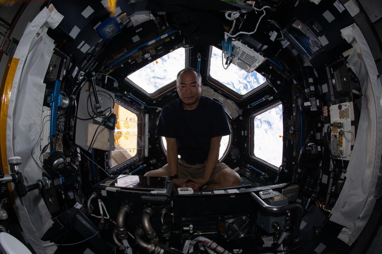 iss064e007861 (Nov. 27, 2020) --- JAXA (Japan Aerospace Exploration Agency) astronaut and Expedition 64 Flight Engineer Soichi Noguchi is pictured relaxing at the end of the work day inside the seven-windowed cupola, the International Space Station's "window to the world." The orbiting lab was flying above the South Pacific at the time this photograph was taken.