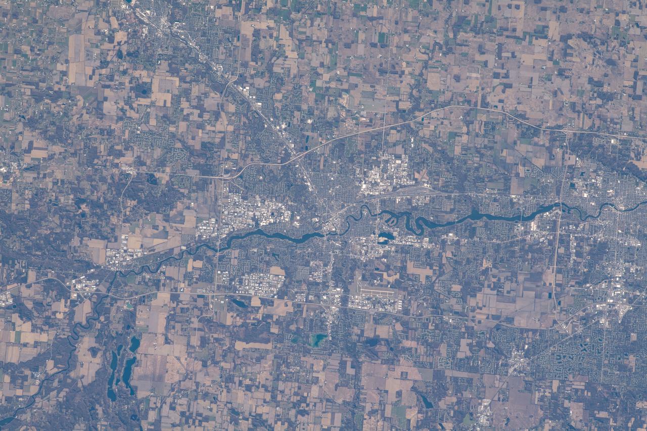 iss064e009767 (Dec. 4, 2020) --- Elkhart, Indiana, split by the St. Joseph River, was pictured from the International Space Station as it orbited 262 miles above.
