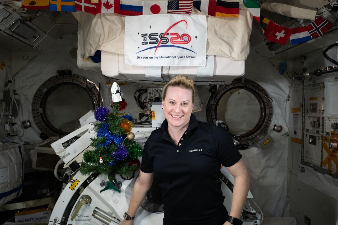 iss064e013899 (Dec. 18, 2020) --- NASA astronaut and Expedition 64 Flight Engineer Kate Rubins poses for a holiday season portrait with a Christmas tree inside Japan's Kibo laboratory module.