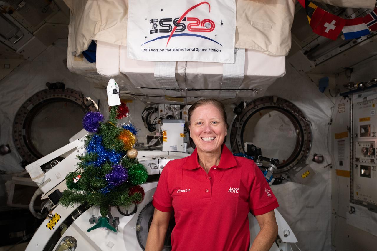 iss064e013903 (Dec. 18, 2020) --- NASA astronaut and Expedition 64 Flight Engineer Shannon Walker poses for a holiday season portrait with a Christmas tree inside Japan's Kibo laboratory module.
