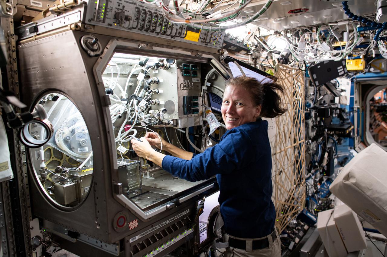 iss064e016385 (Dec. 29, 2020) --- NASA astronaut and Expedition 64 Flight Engineer Shannon Walker sets up hardware inside the Microgravity Science Glovebox for the Solidification Using a Baffle in Sealed Ampoules (SUBSA) experiment. SUBSA crystallizes melts in microgravity to learn more about the process of semiconductor crystal growth to benefit Earth and space industries. Results may lead to reduced fluid motion in the melt, leading to better distribution of subcomponents and the potential for improved technology used in producing semiconductor crystals.