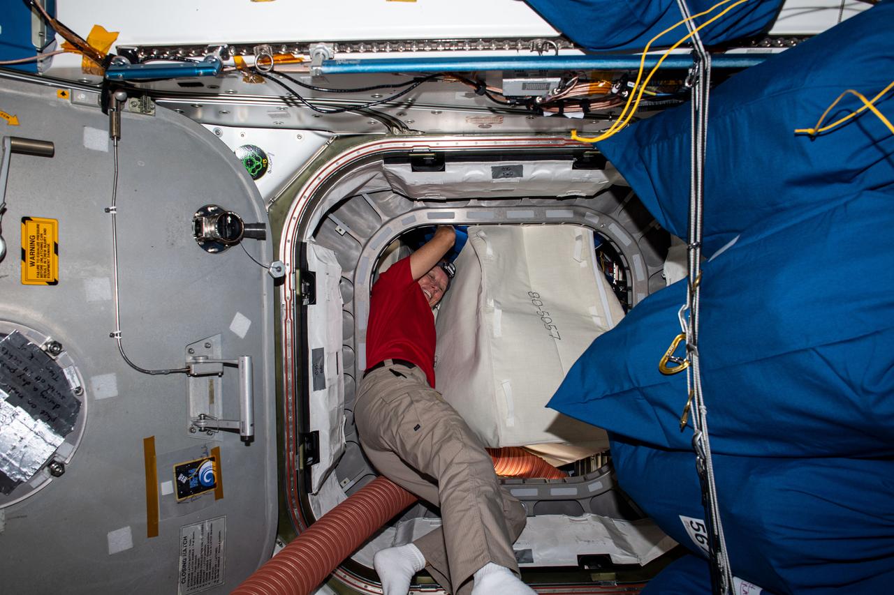 iss064e016831 (Dec. 30, 2020) --- NASA astronaut Shannon Walker is pictured packing the Northrop Grumman Cygnus space freighter, attached to the Earth-facing port of the Unity module, ahead of its departure from the International Space Station.