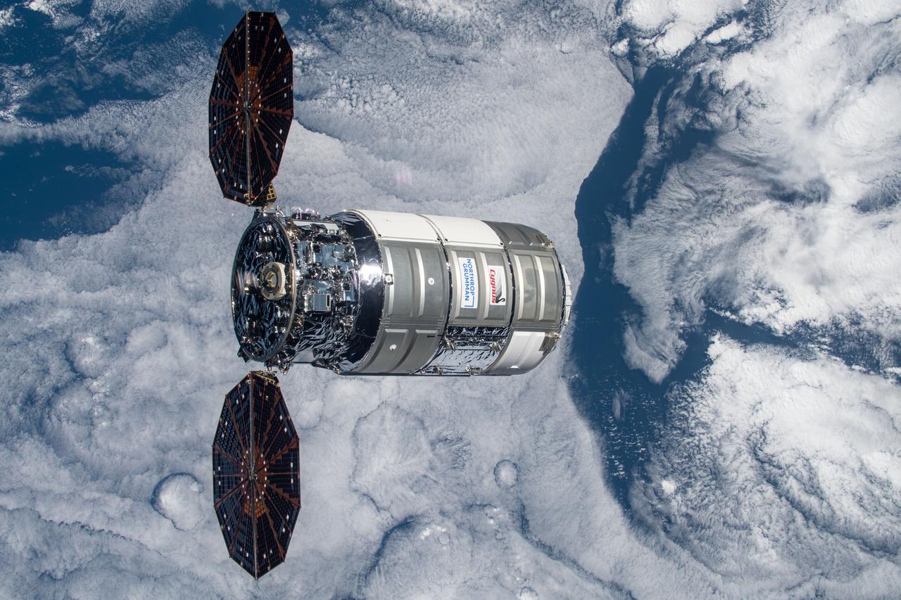 iss064e020263 (Jan. 2021) --- The Northrop Grumman Cygnus space freighter is pictured after its release from the Canadarm2 robotic arm completing a 93-day cargo mission attached the International Space Station's Unity module.