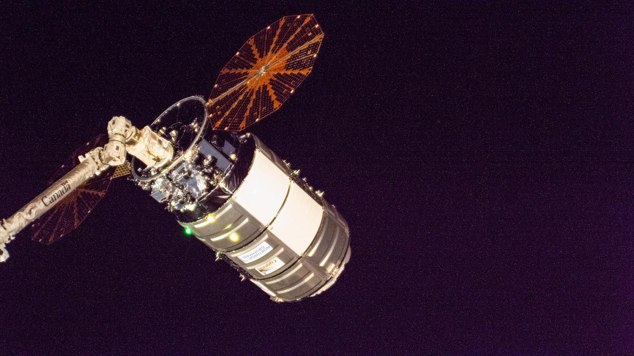iss064e020542 (Jan. 6, 2021) --- Northrop Grumman's Cygnus space freighter is pictured attached to the Canadarm2 robotic arm before being released and completing a 93-day cargo mission attached to the International Space Station.