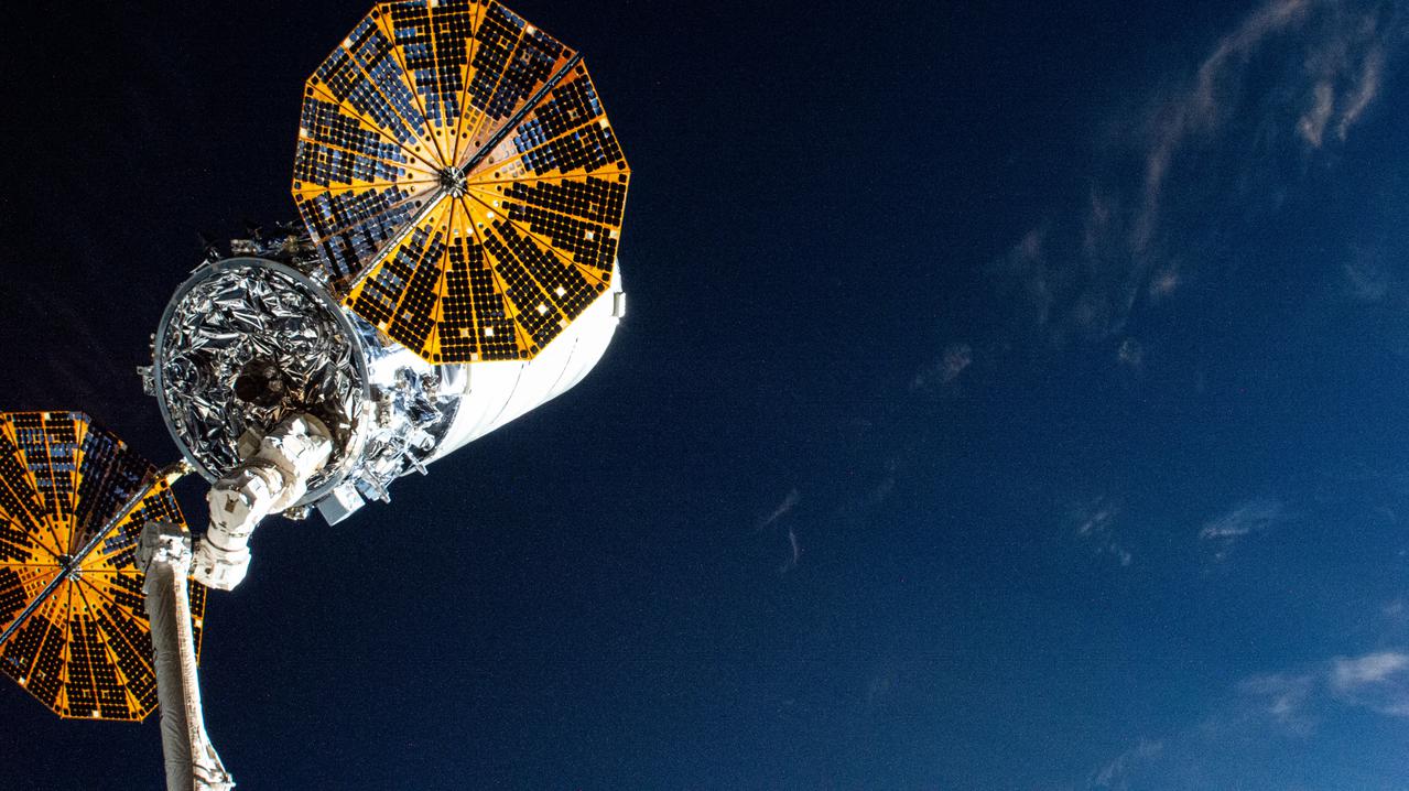 iss064e020562 (Jan. 6, 2021) --- Northrop Grumman's Cygnus space freighter is pictured attached to the Canadarm2 robotic arm before being released and completing a 93-day cargo mission attached to the International Space Station.