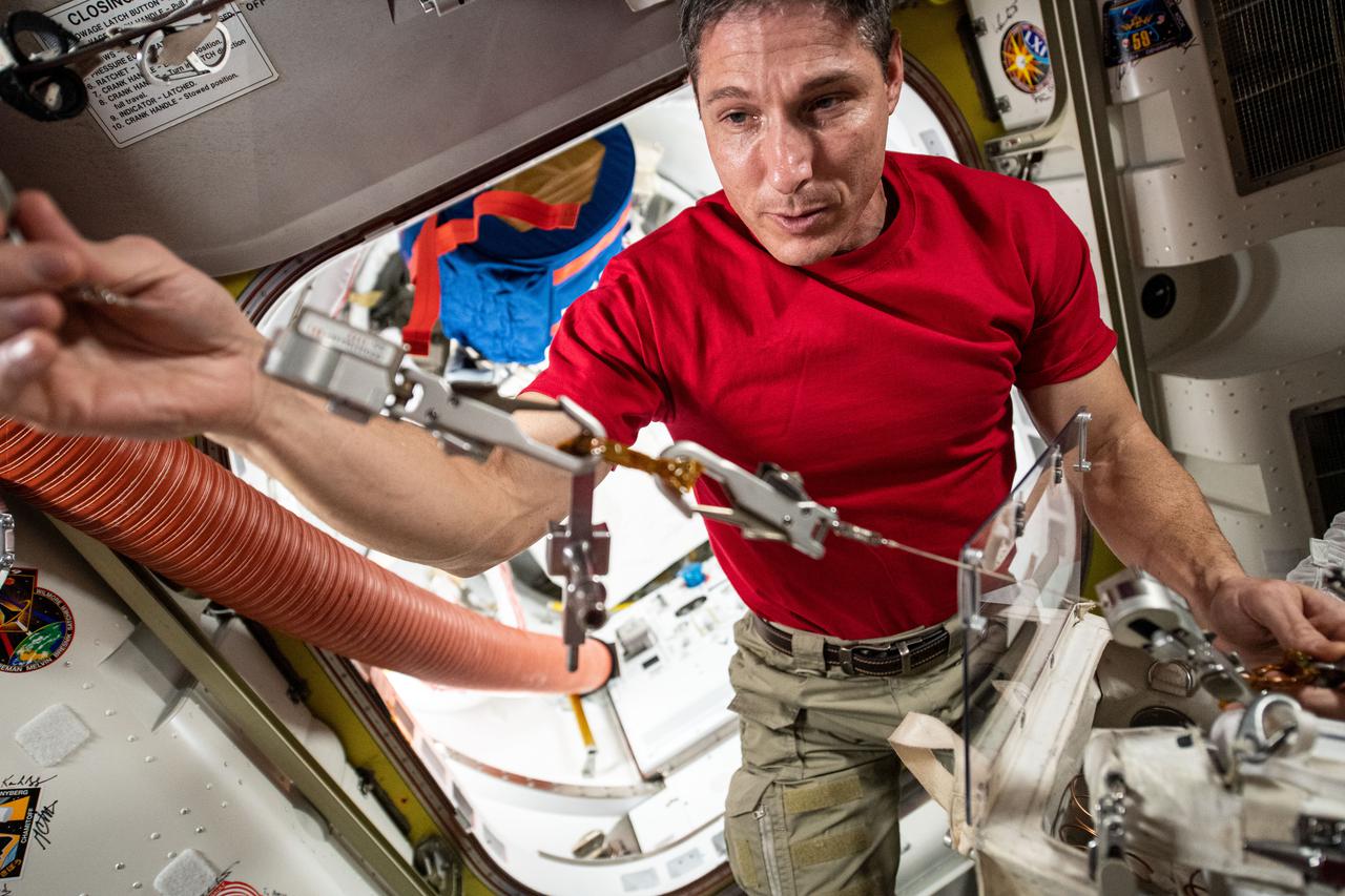 iss064e025819 (Jan. 26, 2021) --- NASA astronaut and Expedition 64 Flight Engineer Michael Hopkins checks safety tethers that he will use to stay attached to the International Space Station during a pair of spacewalks.