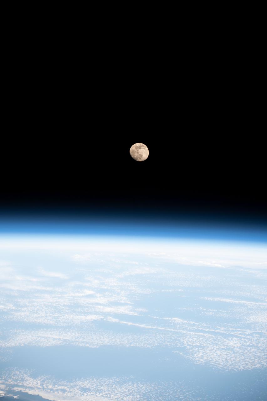 iss064e026149 (Jan. 26, 2021) --- The waxing gibbous Moon is pictured from the International Space Station as it orbited 261 miles above the South China Sea.