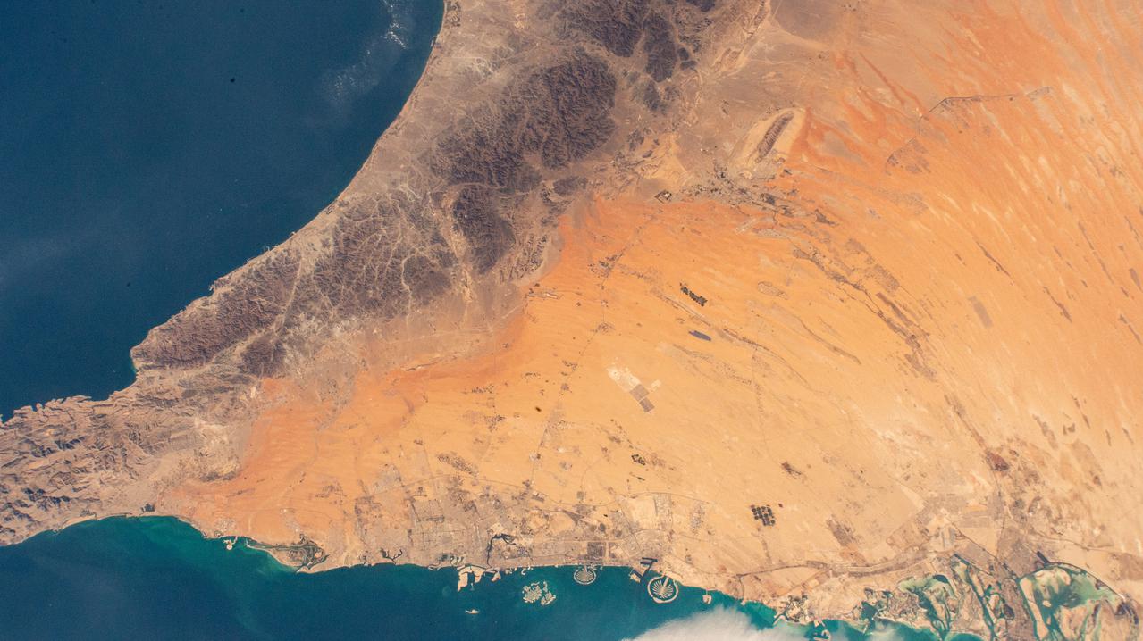 iss064e029032 (Feb. 4, 2021) --- The desert city of Dubai, on the Persian Gulf coast of the United Arab Emirates, is pictured from the International Space Station as it orbited 261 miles above.