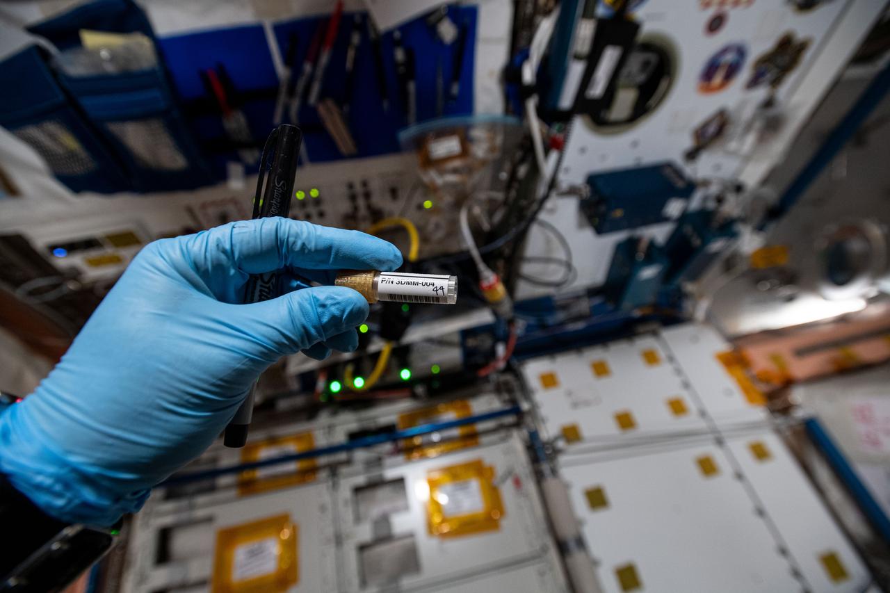 iss064e030059 (2/8/2021) --- NASA astronaut Kate Rubins collects tubes containing swab samples of microbes for the 3DMM (Three-dimensional Microbial Monitoring of ISS Environment) investigation. The study analyzes and sequences the DNA from bacteria swabbed from station surfaces to understand how microbes respond at a molecular level to specific stress conditions, including altered gravity and atmospheric composition.