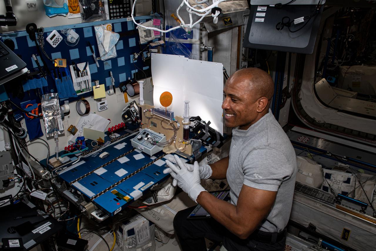 iss064e031991 (Feb. 12, 2021) --- NASA astronaut and Expedition 64 Flight Engineer Victor Glover works on the Plant Water Management experiment that is exploring hydroponics as a way to sustain plants in microgravity from germination through harvest.
