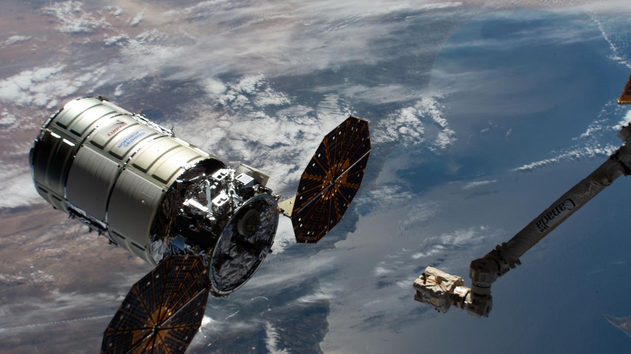 iss064e035890 (Feb. 22, 2021) --- The Cygnus space freighter from Northrop Grumman is pictured moments before its capture with the Canadarm2 robotic arm. Cygnus and the International Space Station were orbiting 263 miles above Turkey at the time this photograph was taken.